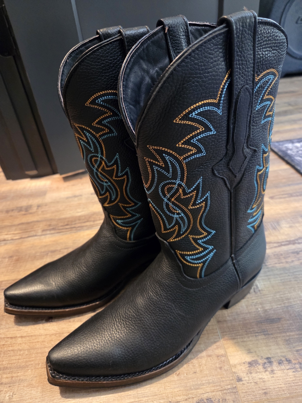 dingo Black Western Cowboy Boots with Blue & Gold Stitching